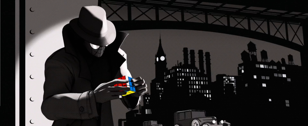 Screencap of Spider-Man Noir solving the cube in Spider-Man: Into the Spider-Verse