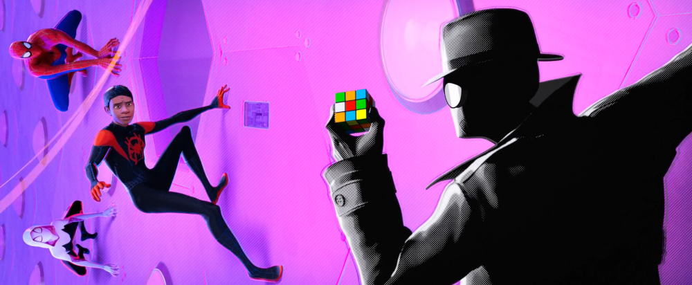 Screencap of Spider-Man Noir taking the cube back to his universe in Spider-Man: Into the Spider-Verse